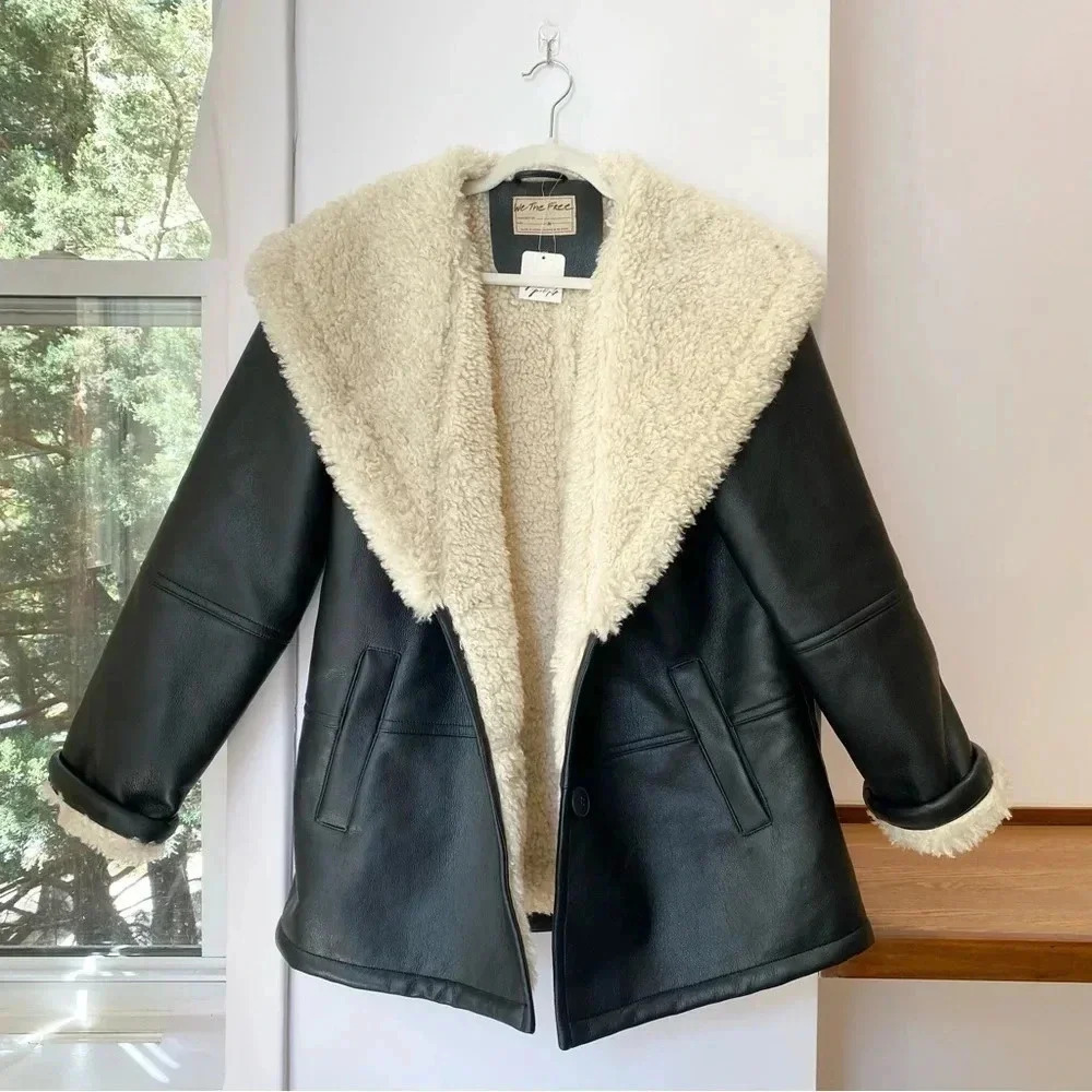 New Free People Winnie Oversized Vegan Leather Sherpa Jacket Black Medium